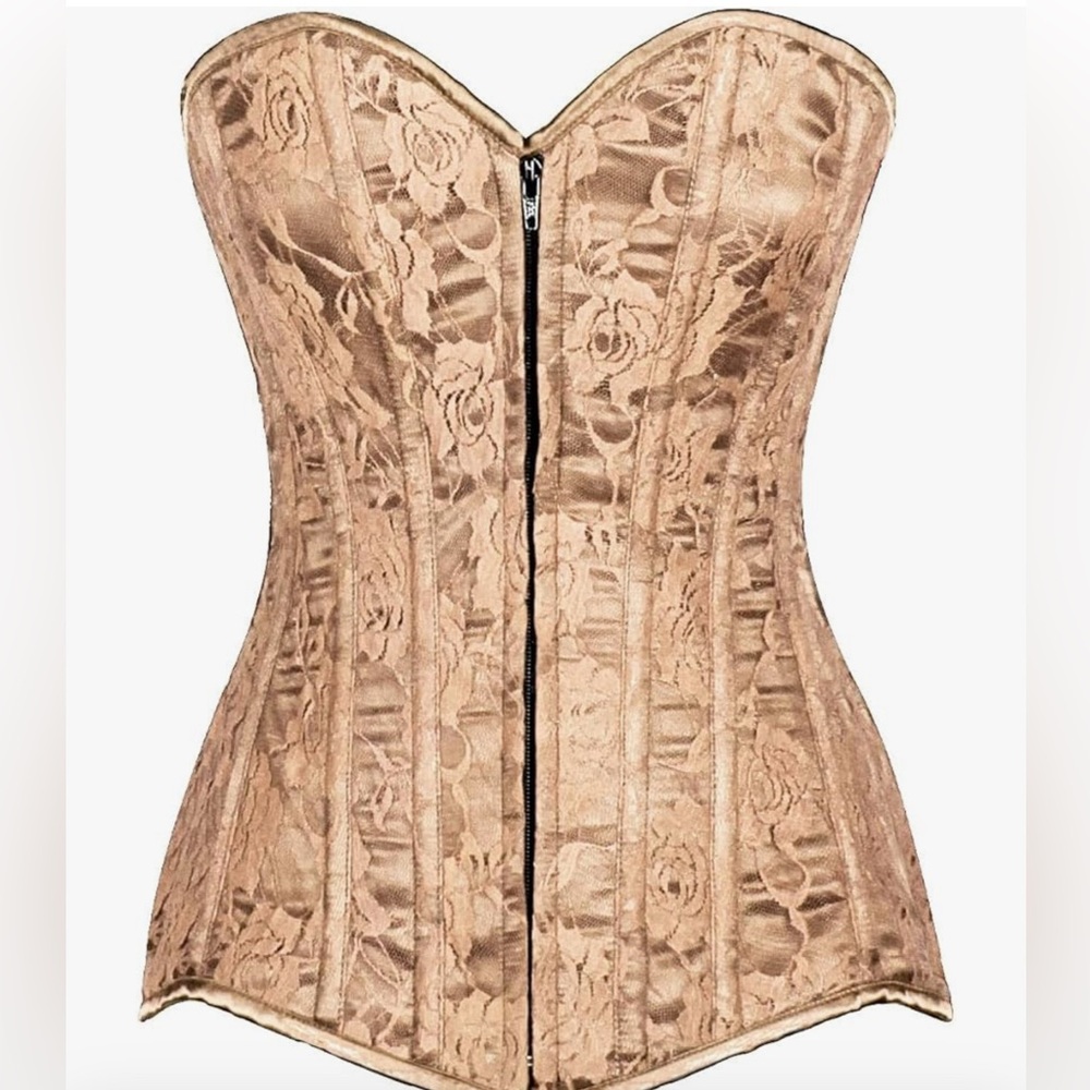 Gorgeous Overbust Corset Lavish Lace Satin Gold Zipper front & Lace-up back NWT
